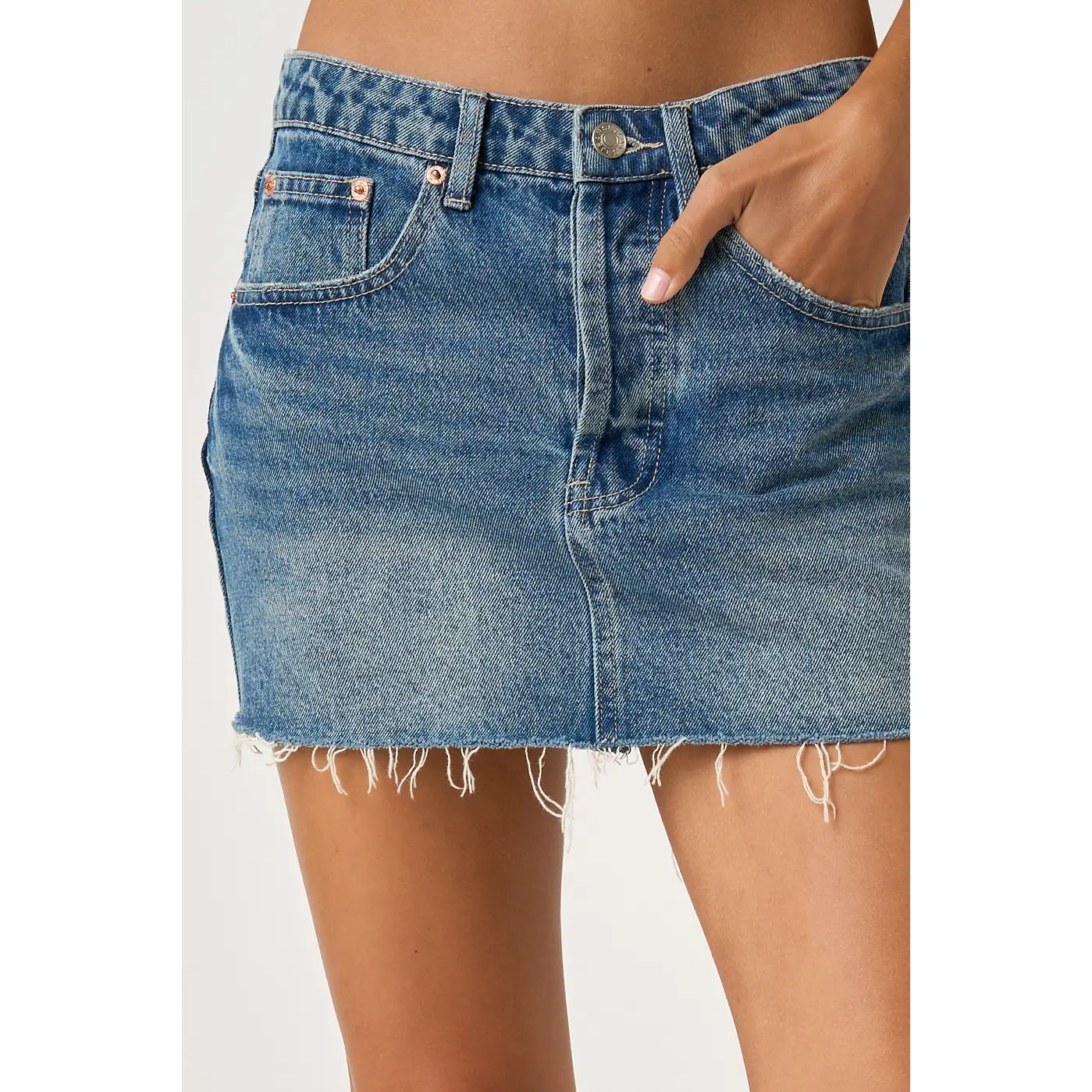 Distressed Hem Washed Denim Mini Skort with Shorts