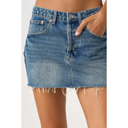 Distressed Hem Washed Denim Mini Skort with Shorts