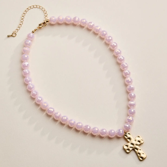 Hammered Cross Pendant Beaded Necklace
