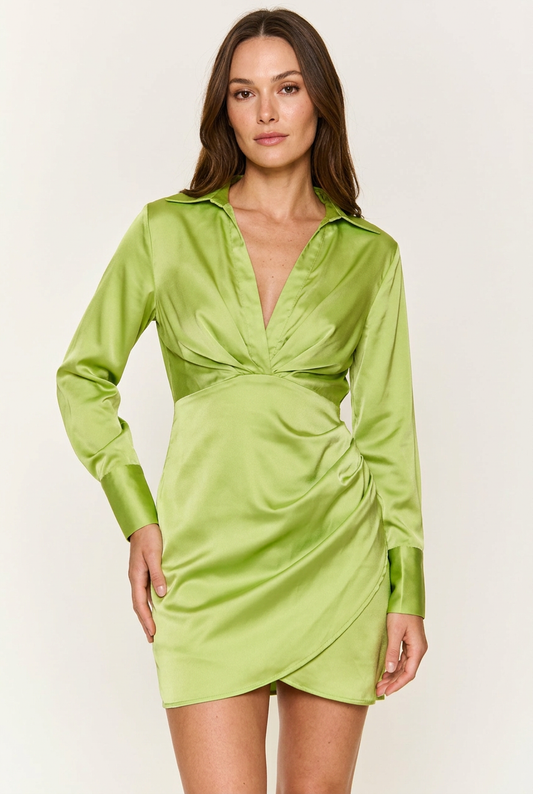 Kiwi Green Satin Overlap Long Sleeve Mini Dress