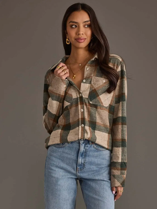Tan, Dark Green & Rust Plaid Button Up