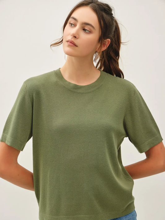 Olive Cashmere Short Sleeve Sweater