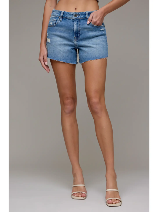 Medium Wash Mid Rise Stretch 4" Inseam Shorts