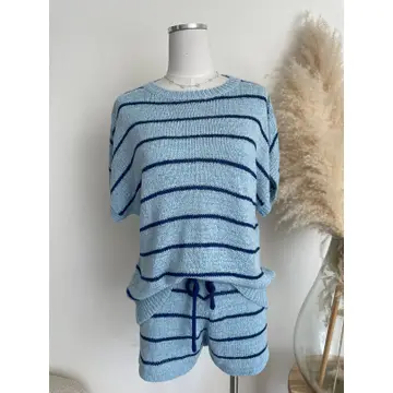 Blue Stripe Knit Top and Short Set