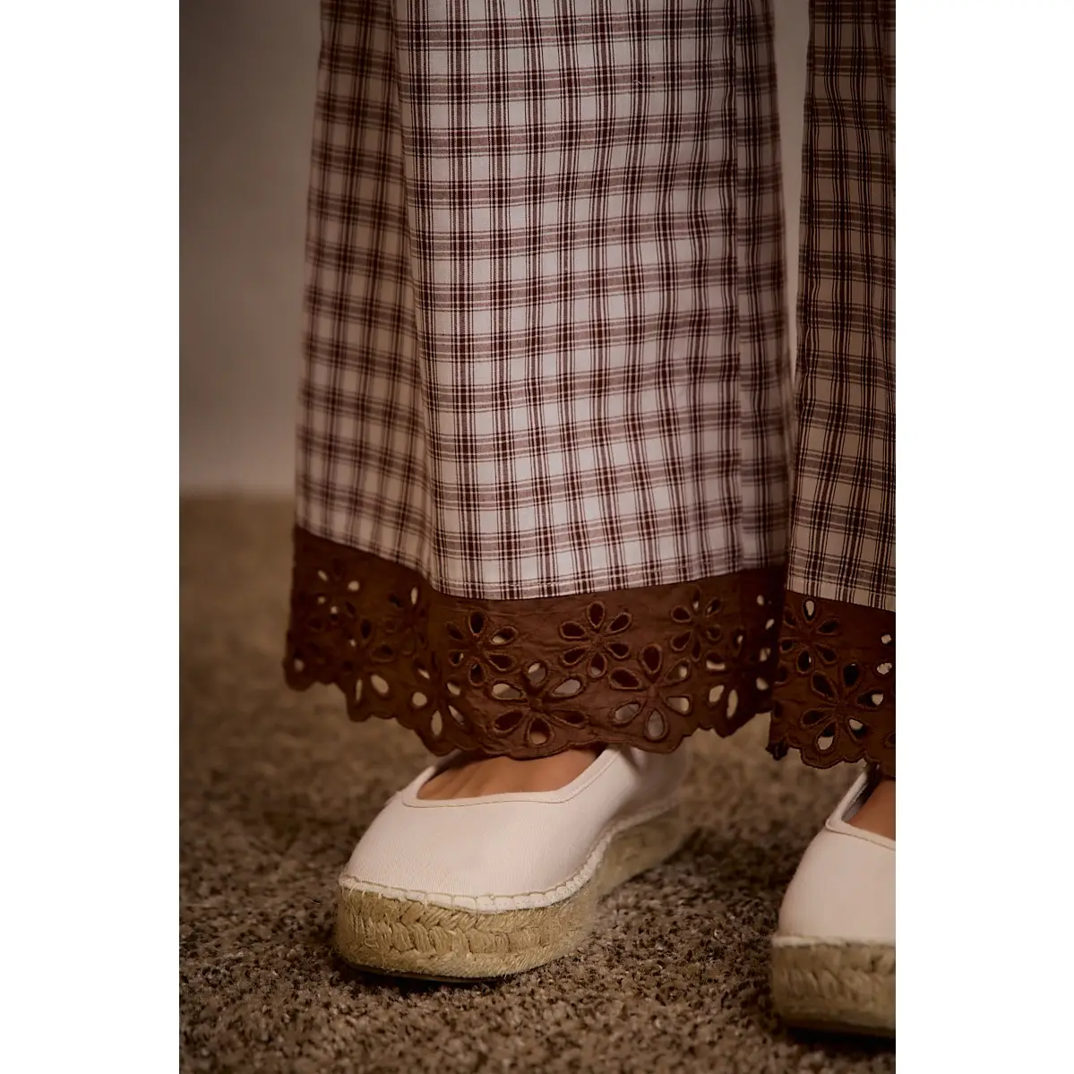 Cotton Plaid Check Wide Leg Pull On Pants with Lace Trim