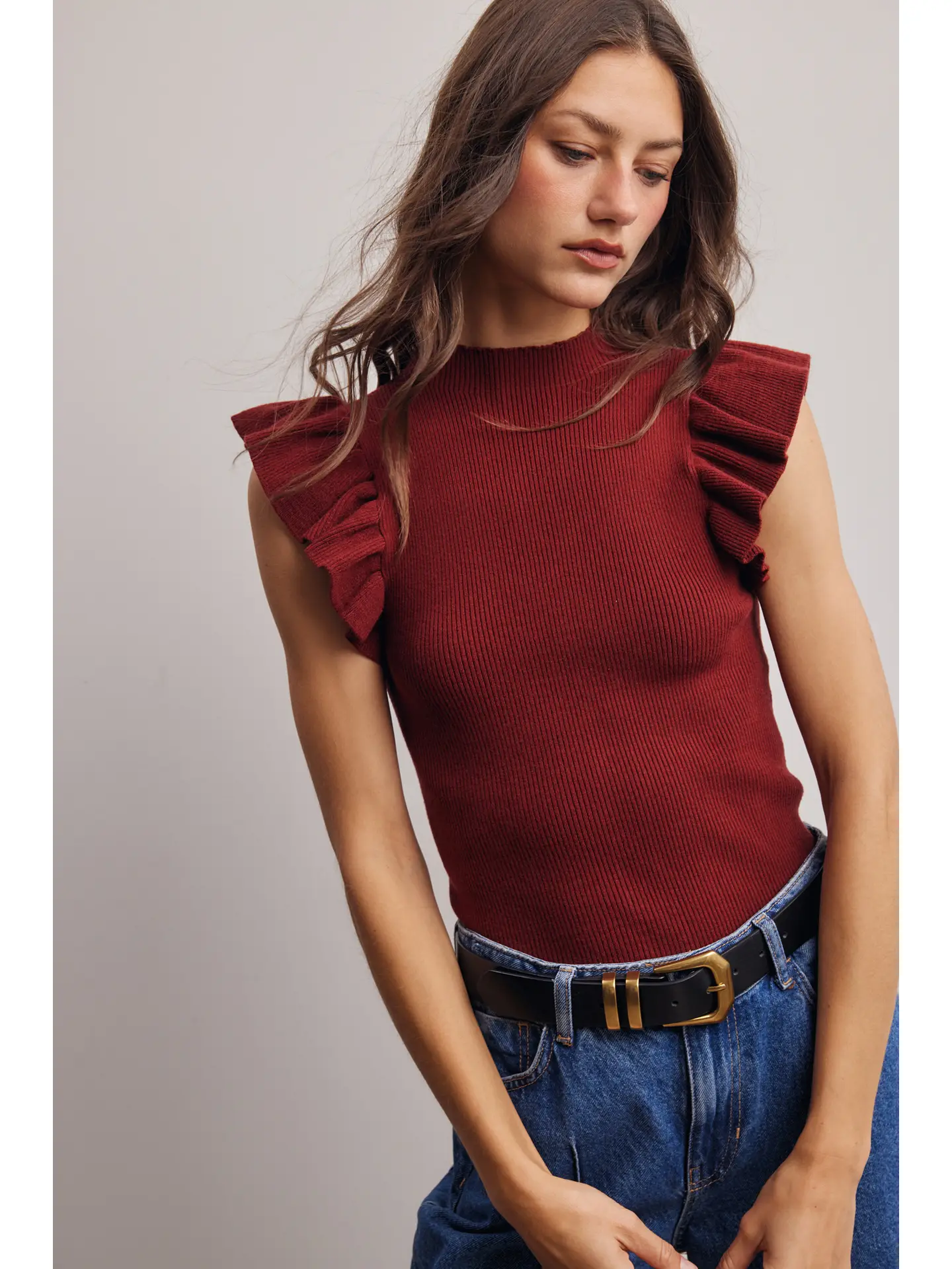 Ruffle Sleeve Rib Knit Top (2 Colors)
