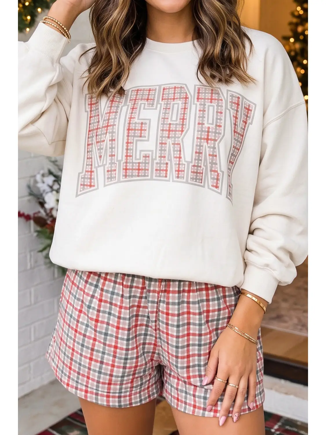 Plaid Merry Christmas Shorts Set