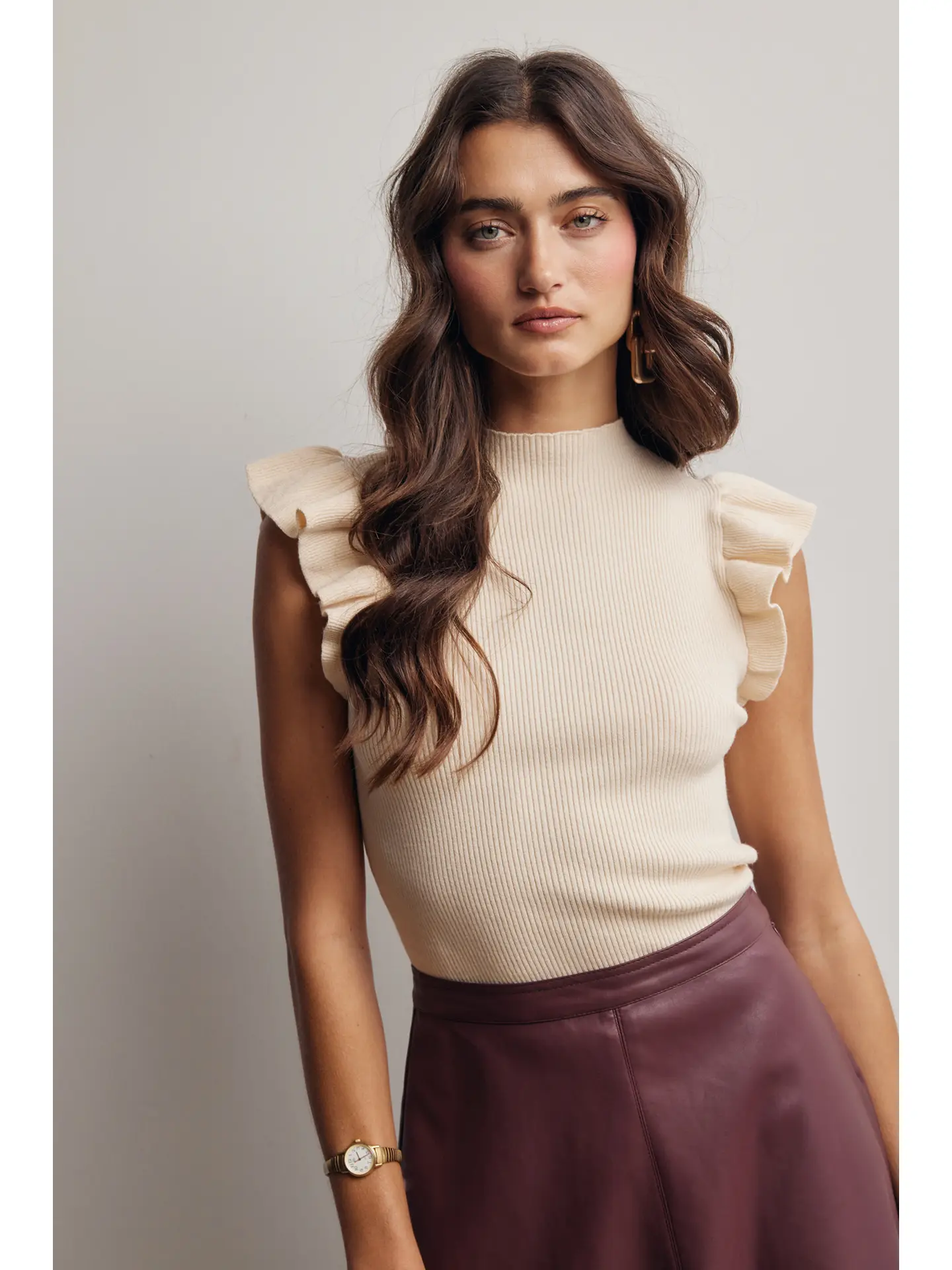 Ruffle Sleeve Rib Knit Top (2 Colors)