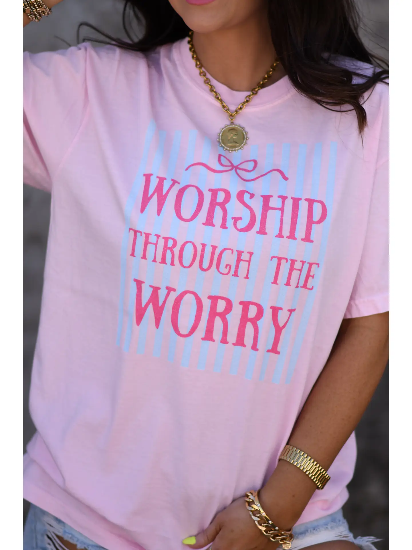 Worship Through the Worry Striped Bow Tee