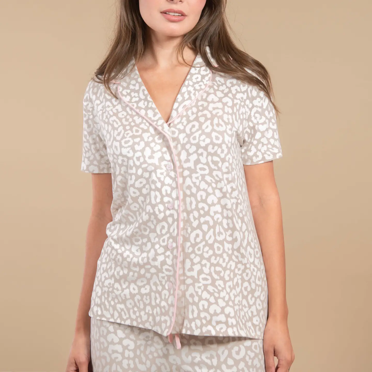 Taupe Leopard Pajama Top | Beige Animal Pjs For Women