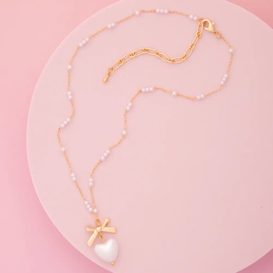 Bow & Heart Shaped Pearl Pendant Necklace