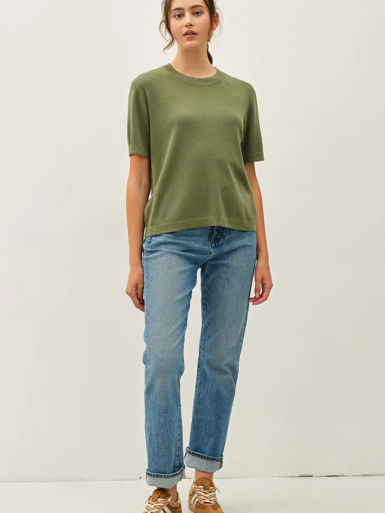 Olive Cashmere Short Sleeve Sweater