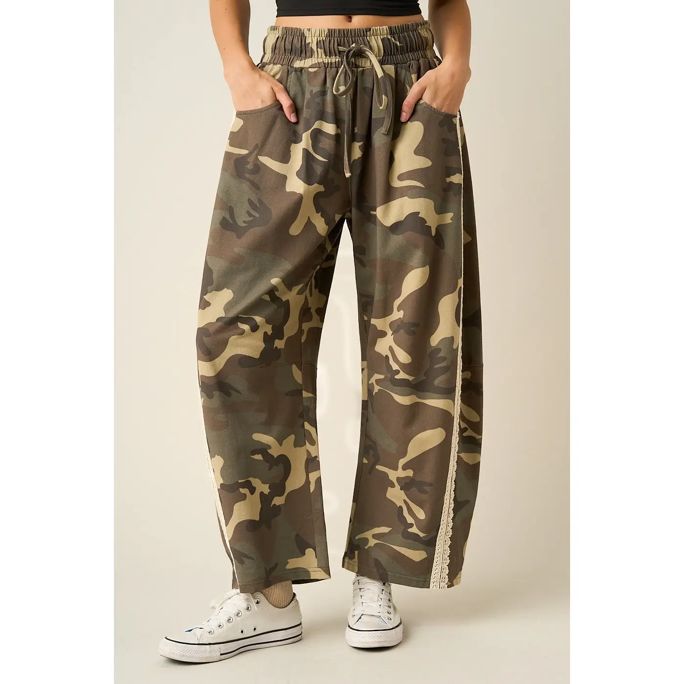 Camo Print Lace Trim Barrel Leg Pants