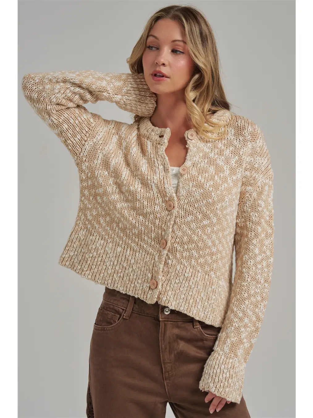 Boucle Two Tone Cozy Button Down Fall Cardigan