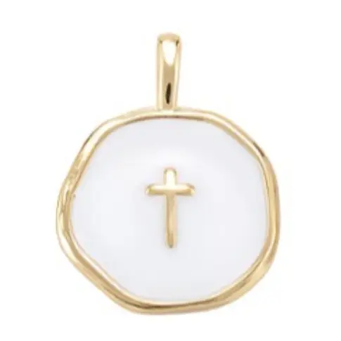 Gold White Round Disc with Gold Cross Charm