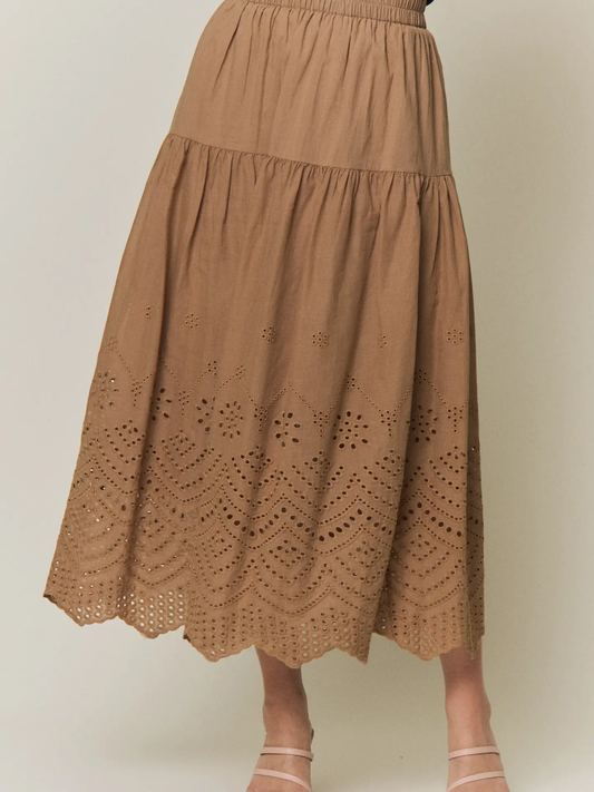 Tiered Eyelet Scalloped Midi Skirt
