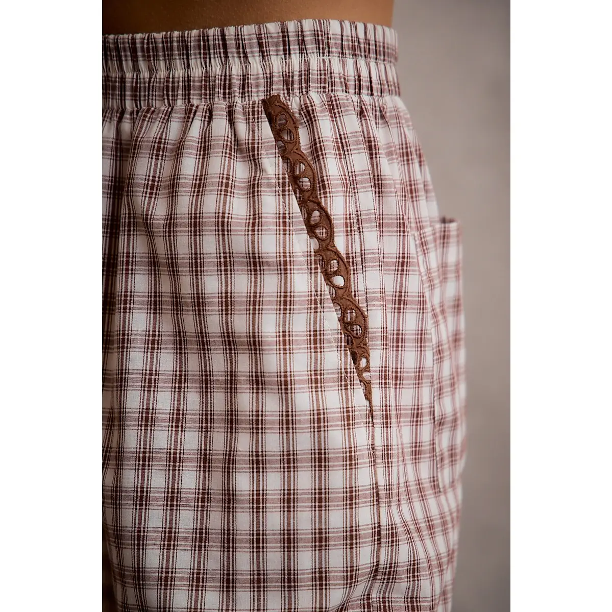 Cotton Plaid Check Wide Leg Pull On Pants with Lace Trim