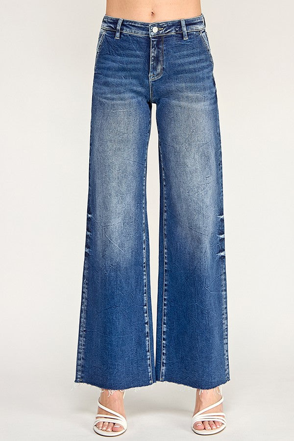 Mid Rise Trouser Detailing Wide Leg Jeans