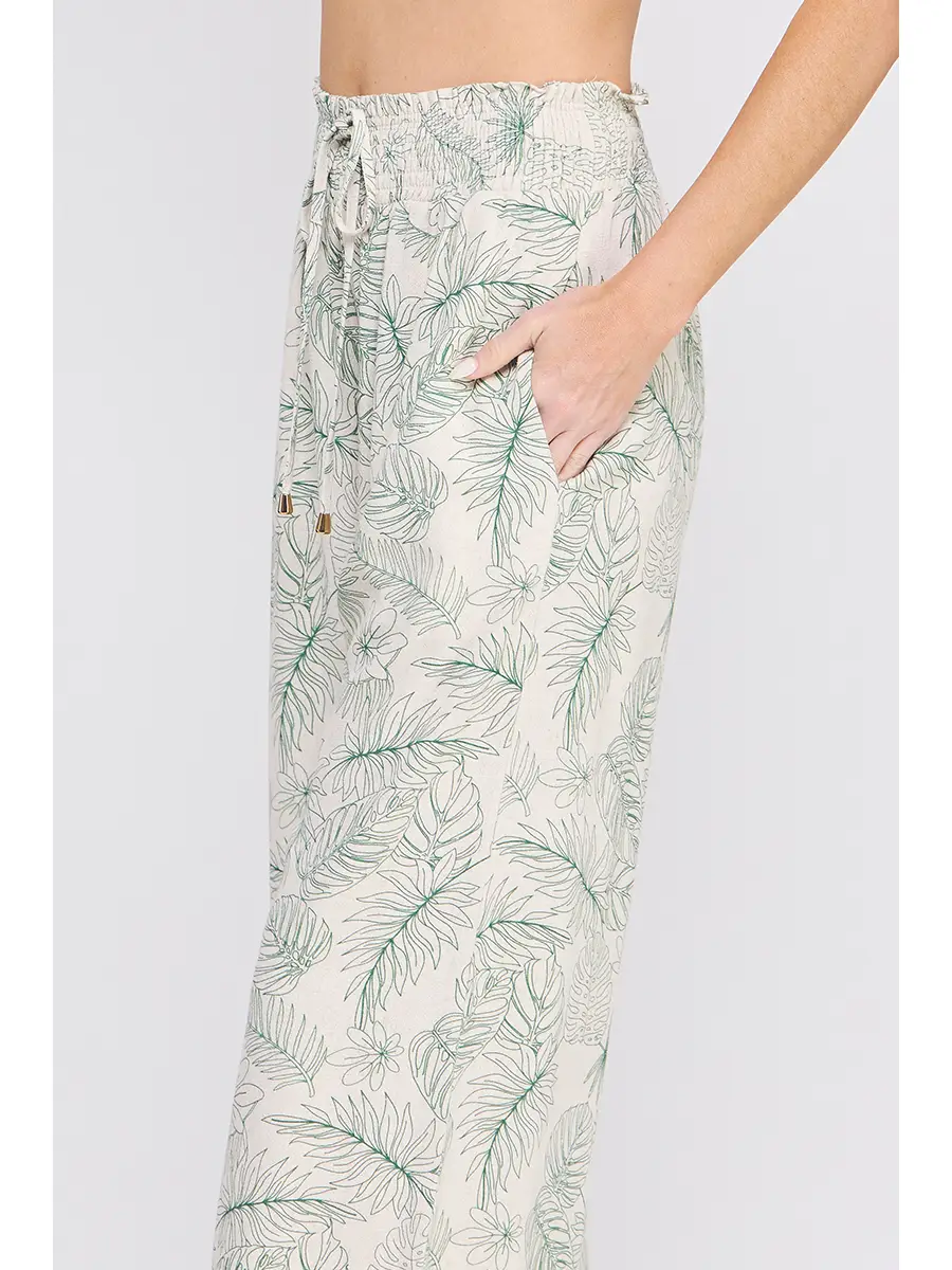 Printed Linen Blend Smocked Tie Waist Wide Leg Pants