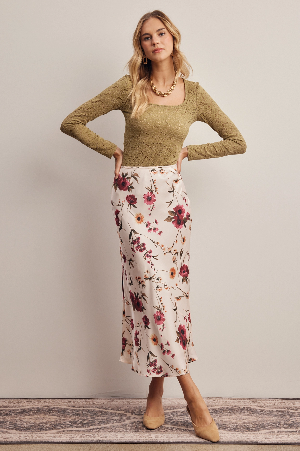 Floral Satin Midi Skirt