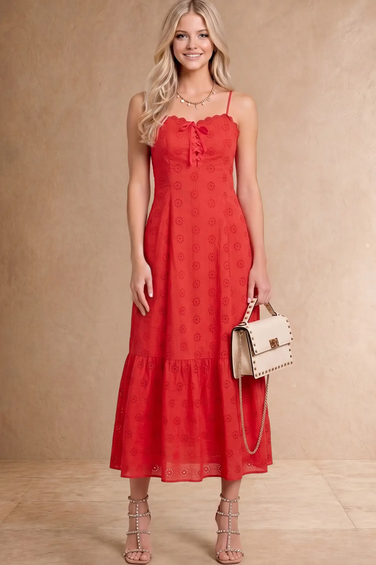 Eyelet Lace-Up Spaghetti Strap Midi Dress
