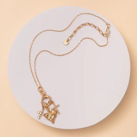 Textured Heart and Crystal Cross Charm Necklace