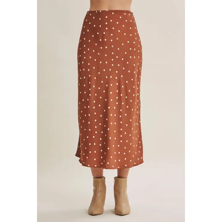 Carmel Brown & White Polka Dot Midi Satin Skirt
