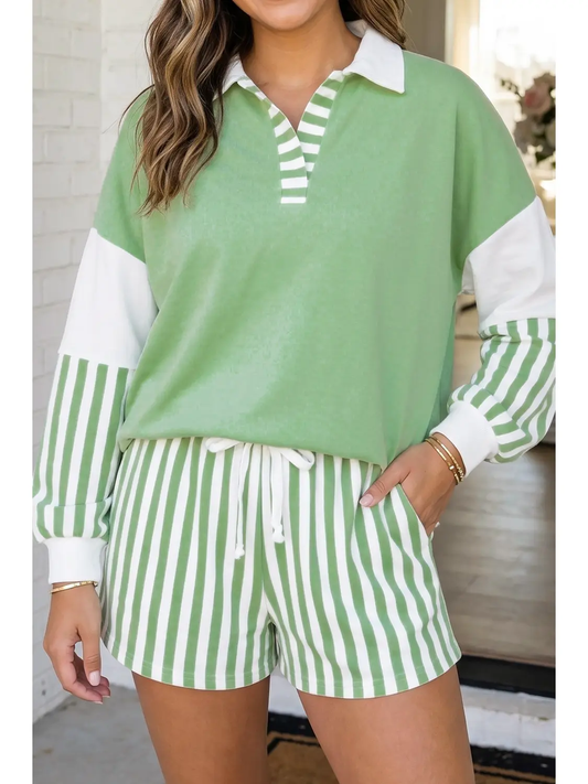 Sage Striped Colorblock Drawstring Lounge Set