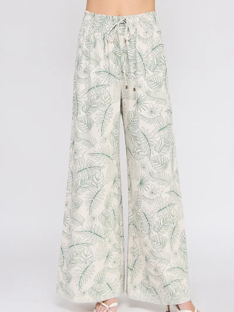 Printed Linen Blend Smocked Tie Waist Wide Leg Pants