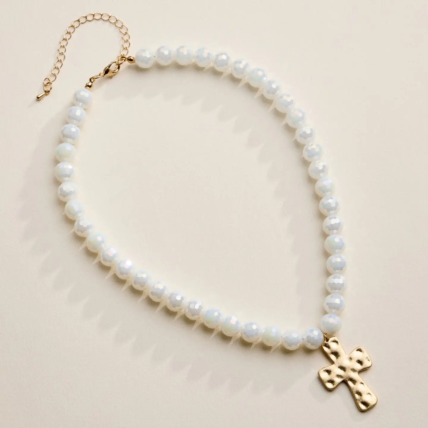 Hammered Cross Pendant Beaded Necklace