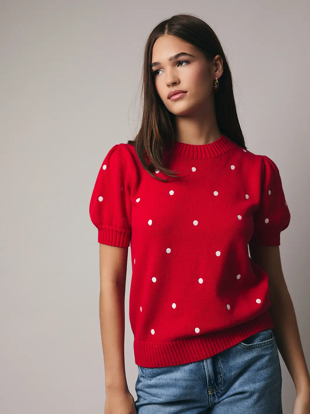 Polka Dot Short Puff Sleeve Knit Sweate
