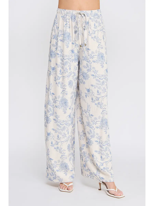 Printed Soft Linen Elastic Tie Waist Wide Leg Pants