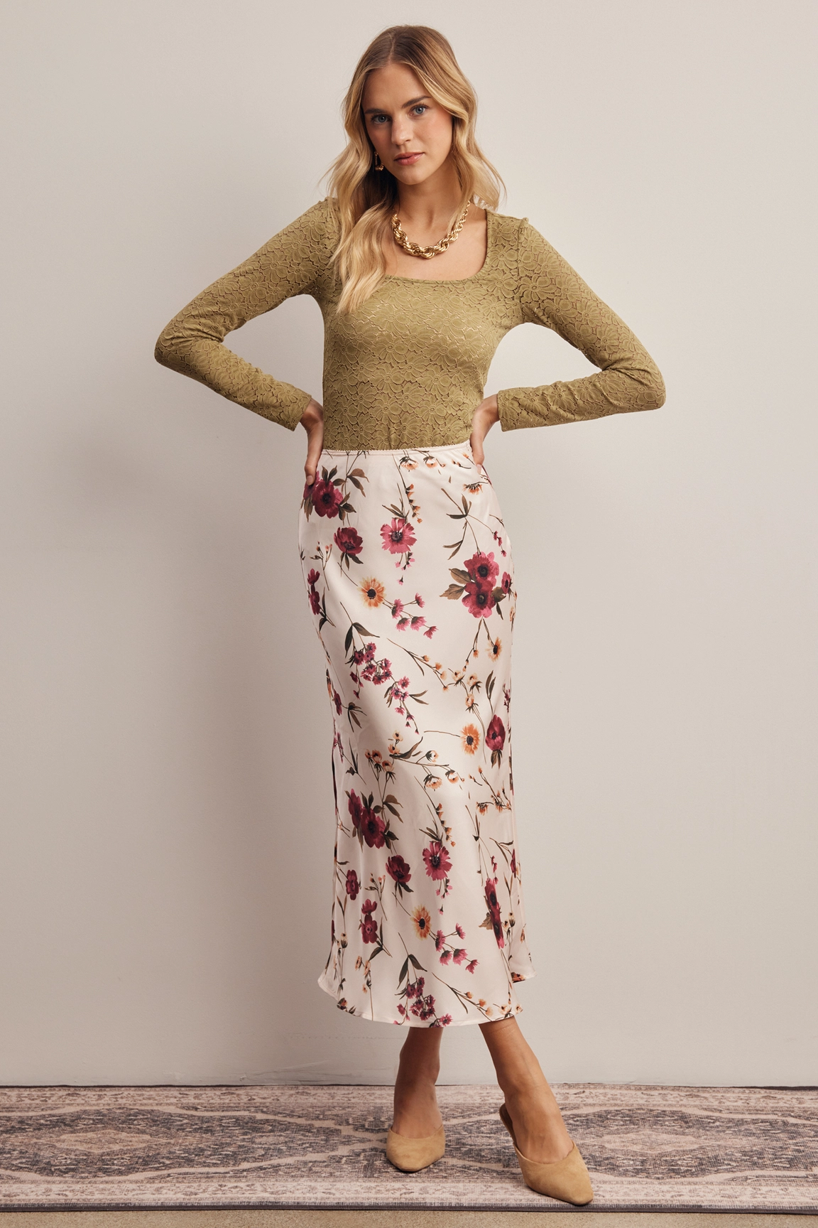 Floral Satin Midi Skirt