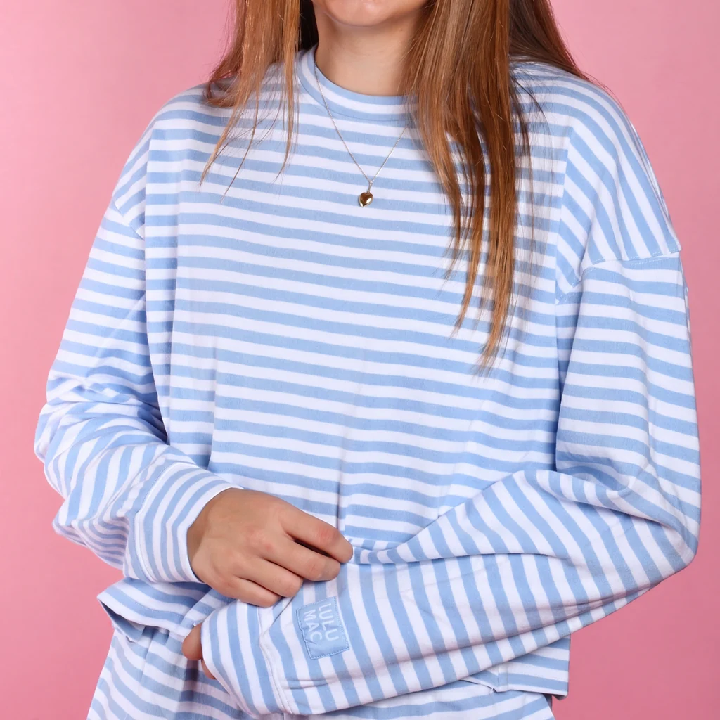 Lulu Mac Youth Stripe Monochrome Patch Long Sleeve Top Light Blue Small