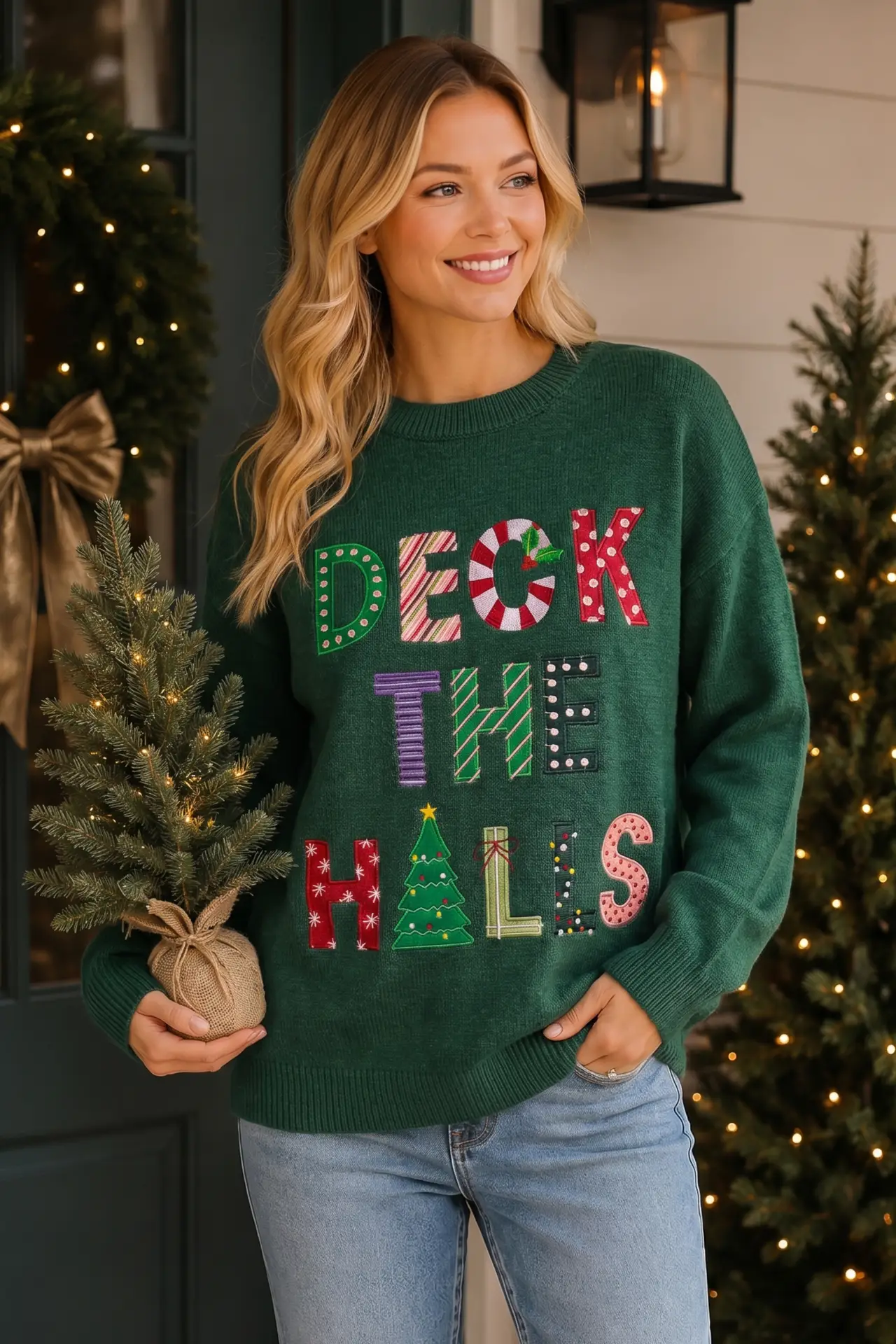 Deck the Halls Christmas Patchwork Graphic Sweater