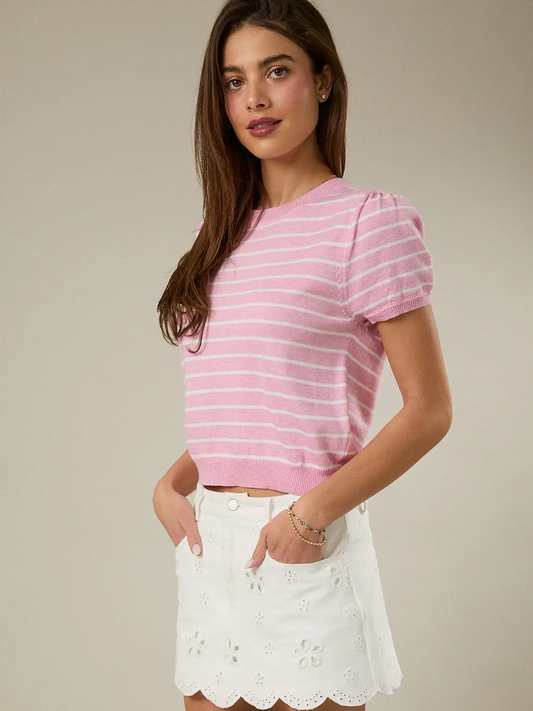 Short Sleeve Crew Neck Striped Sweater Top - 2 Color Options
