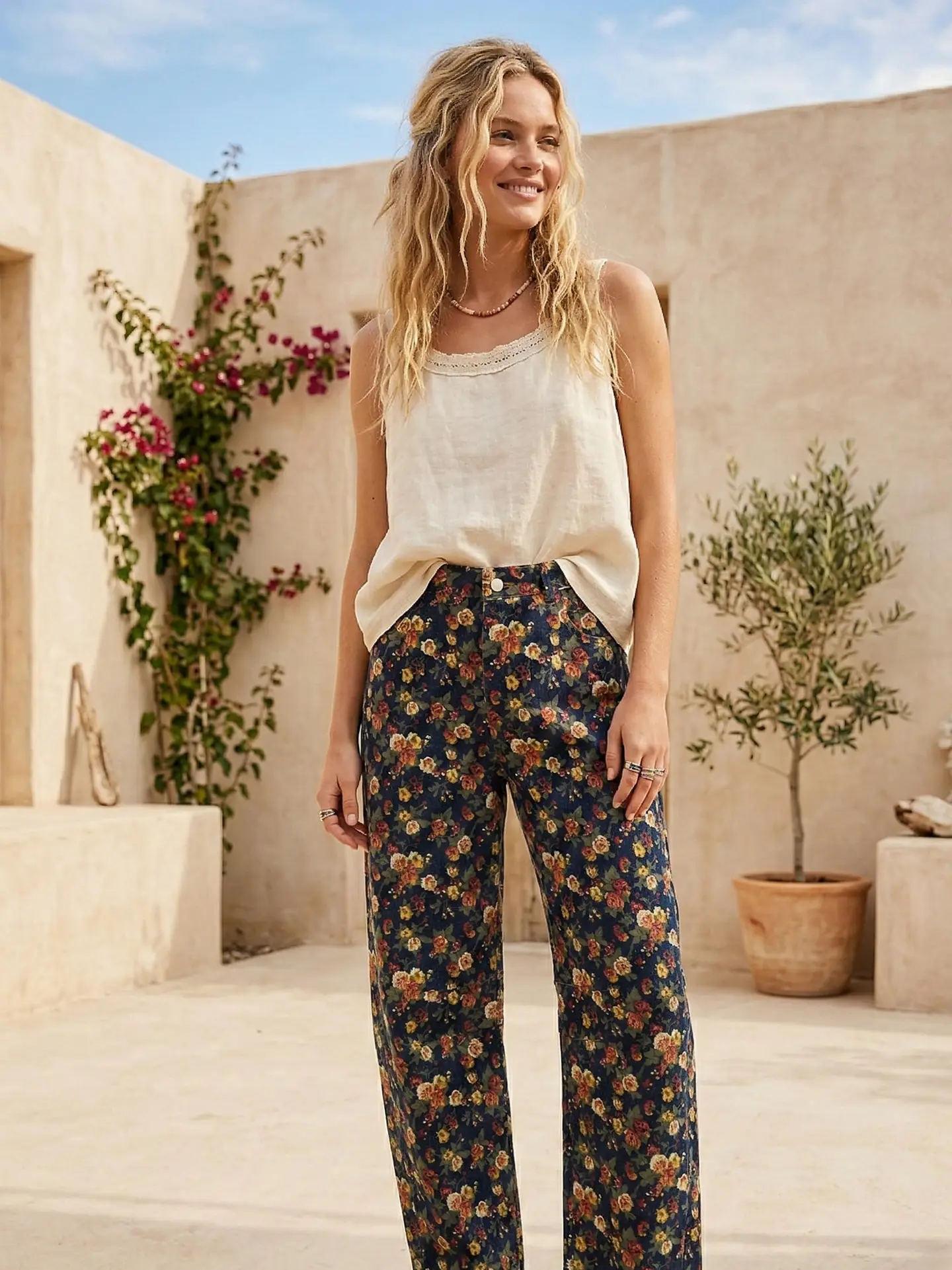 Mineral Washed Floral Denim Barrel Pants