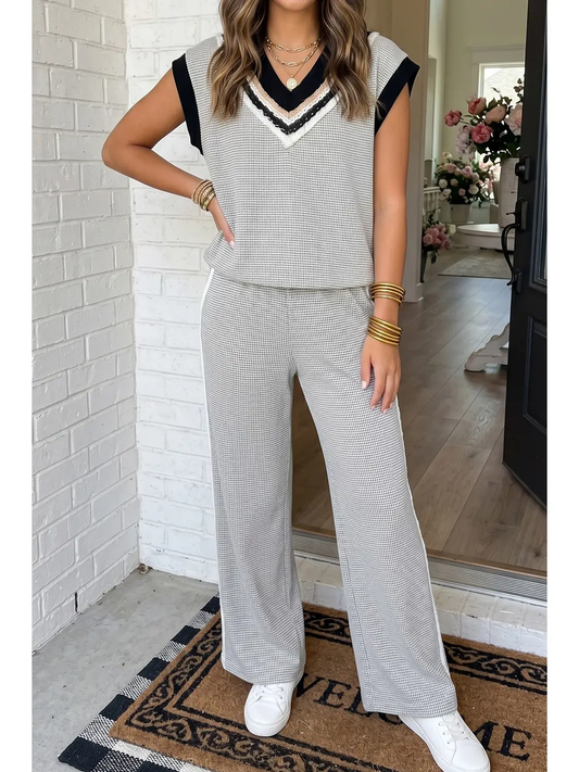Colorblock Drawstring Wide Leg Pants Set