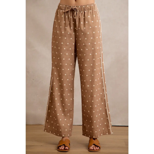 Taupe Lace Trim Polka Dot Pants
