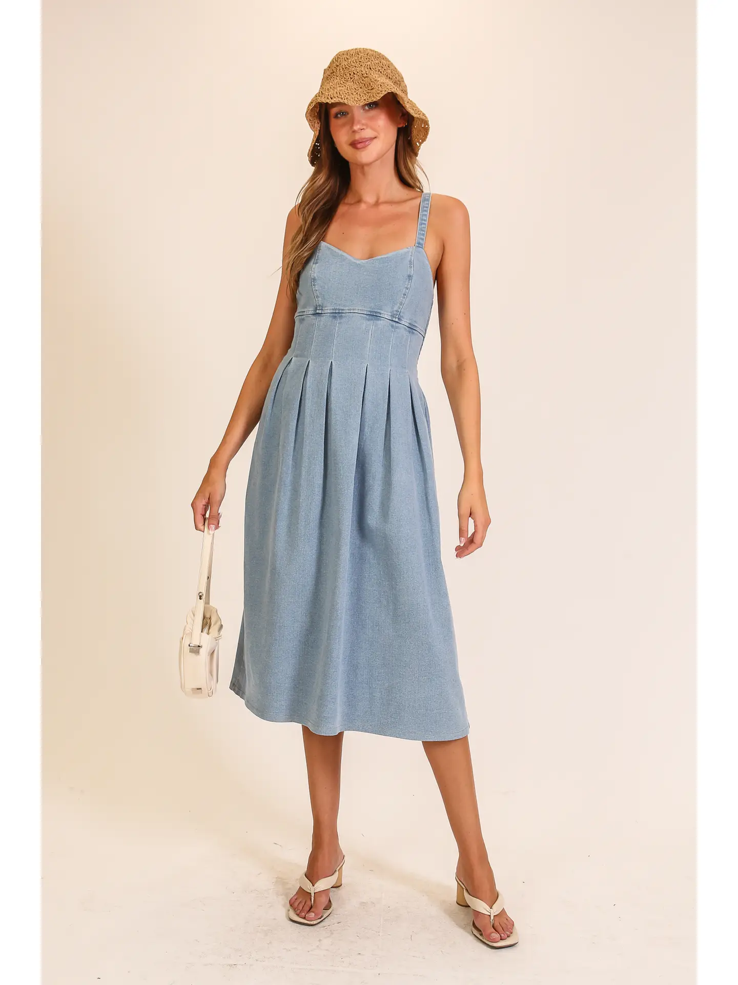 Pleated Denim Midi Dress