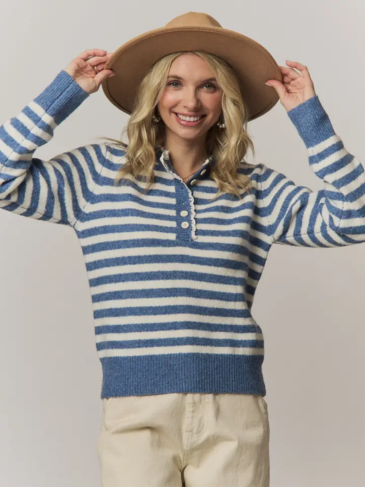 Vintage Striped Henley Knit Sweater