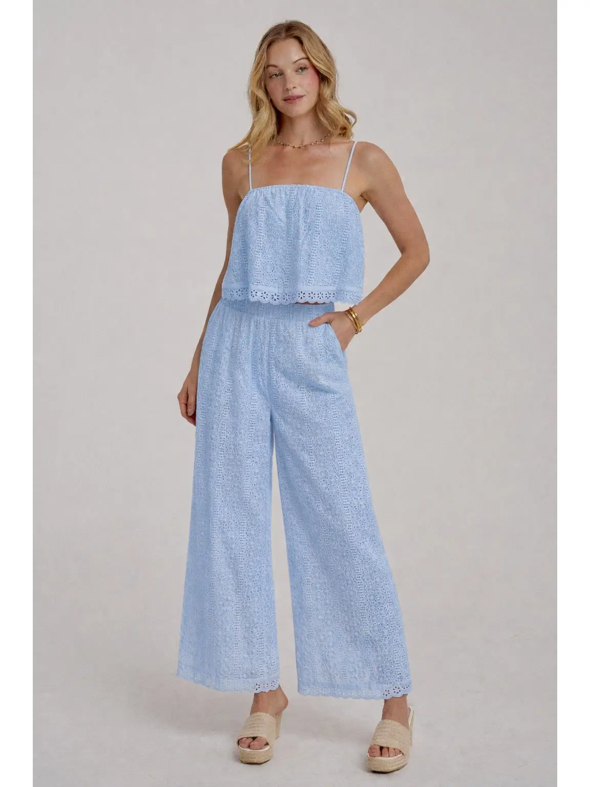Light Blue Eyelet Lace Cropped Top and Wide Leg Pants Summer Set