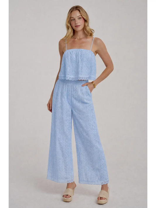 Light Blue Eyelet Lace Cropped Top and Wide Leg Pants Summer Set