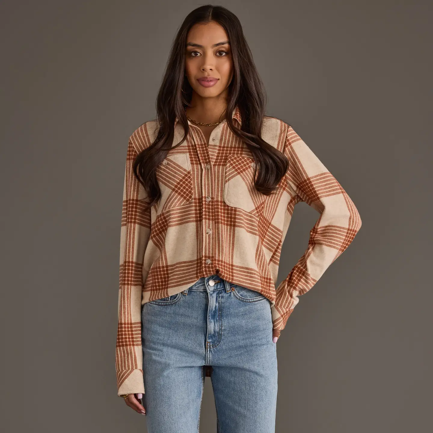 Cream & Rust Plaid Button Up