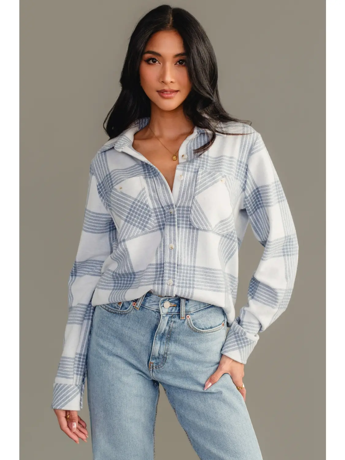White & Dusty Blue Plaid Button Up