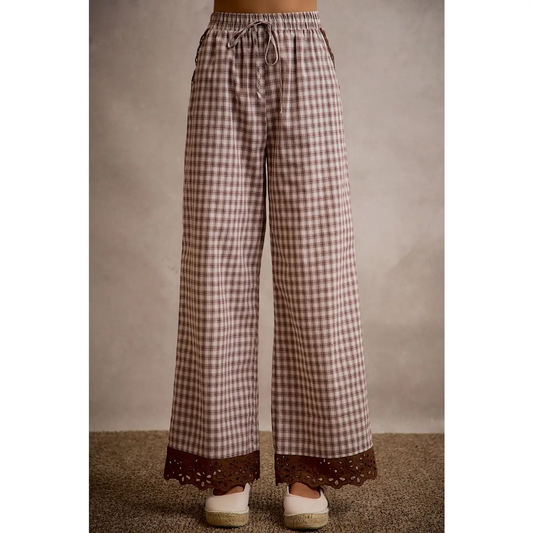 Cotton Plaid Check Wide Leg Pull On Pants with Lace Trim