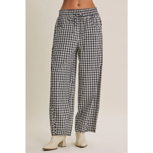 Navy Relaxed Gingham Barrel Pants