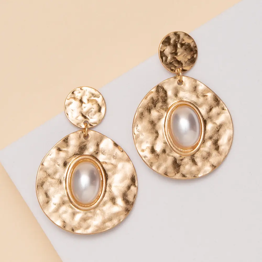 Round Hammered Gold with Stone Earrings