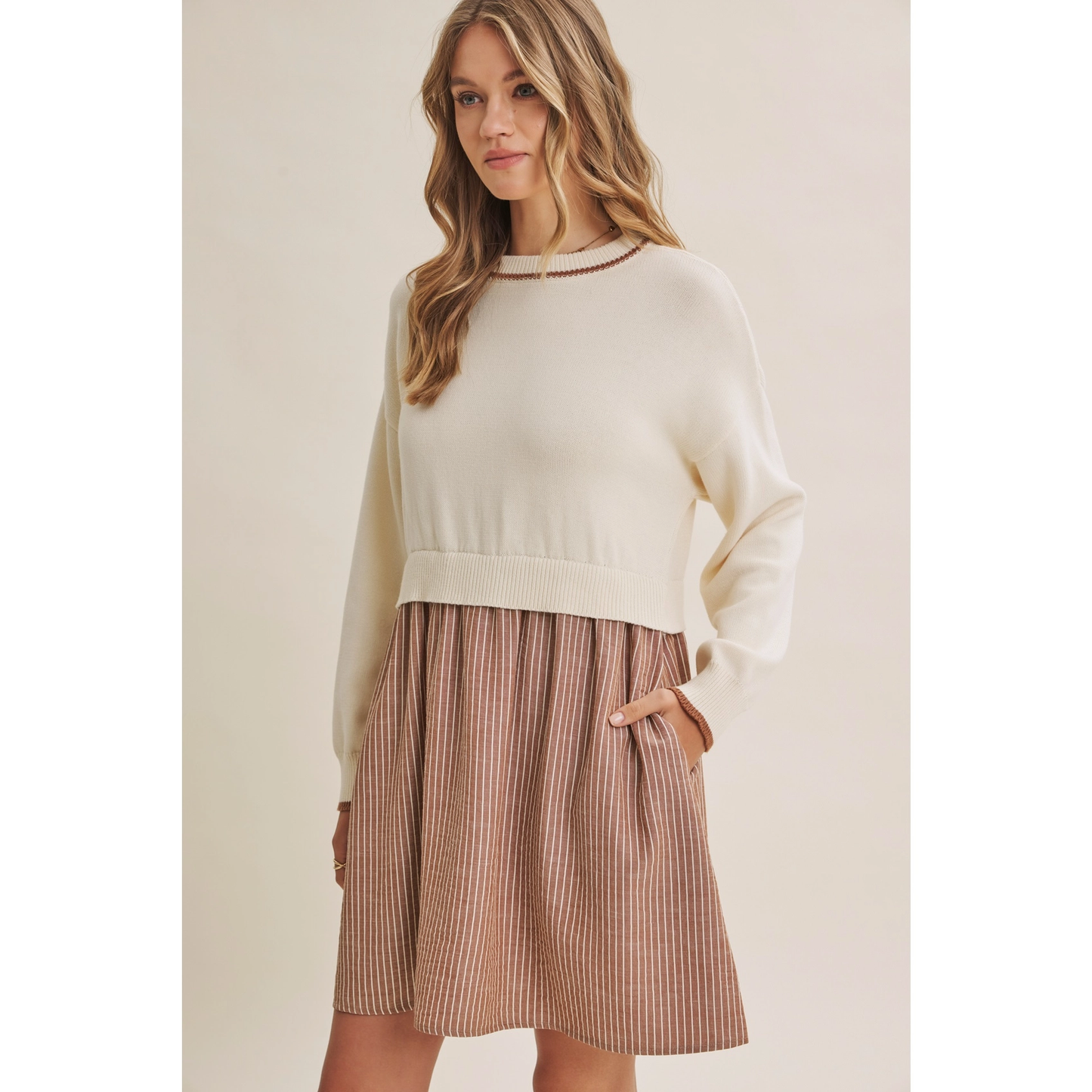 Golden Fields Layered Contrast Twofer Stripe Mini Dress