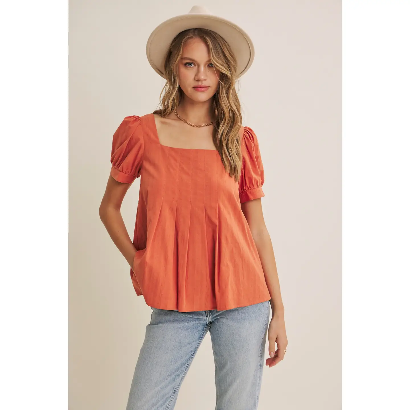 Cayenne Puff-Sleeved Pleated Blouse